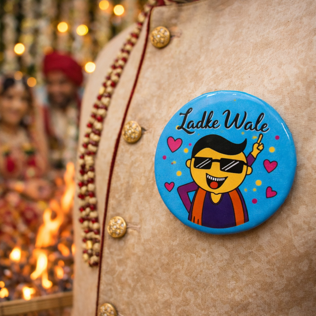 Ladke Wale Wedding Badge – Fun Baraat Party Badge for Groom Side | Indian Wedding Brooch