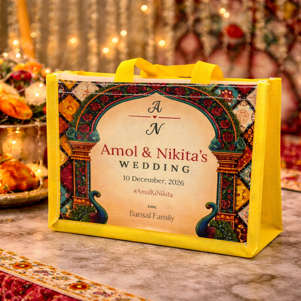 Personalized Wedding Gift Bag Royal Mandap Theme | Premium Return Gift Hamper Bag for Indian Weddings