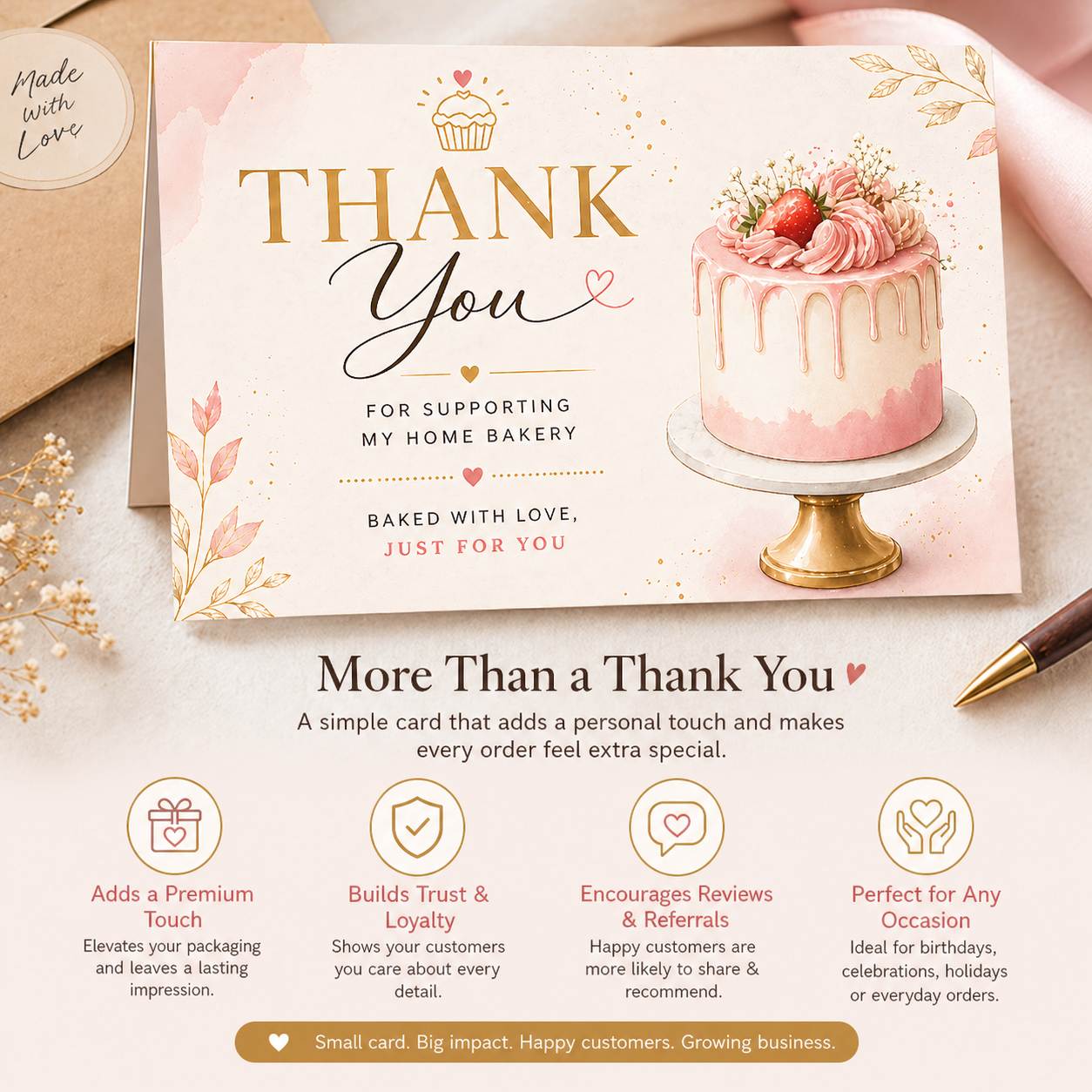 Premium Bakery Thank You Cards | Cute Cake Design | Small Business Packaging Insert | 3.5x2.25 Inch