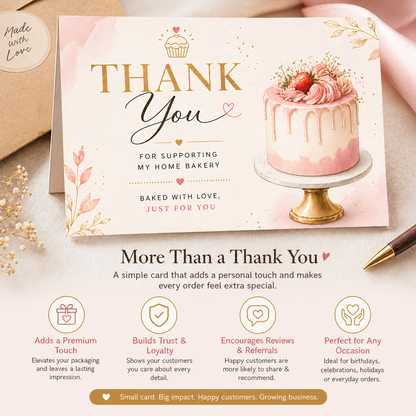Premium Bakery Thank You Cards | Cute Cake Design | Small Business Packaging Insert | 3.5x2.25 Inch