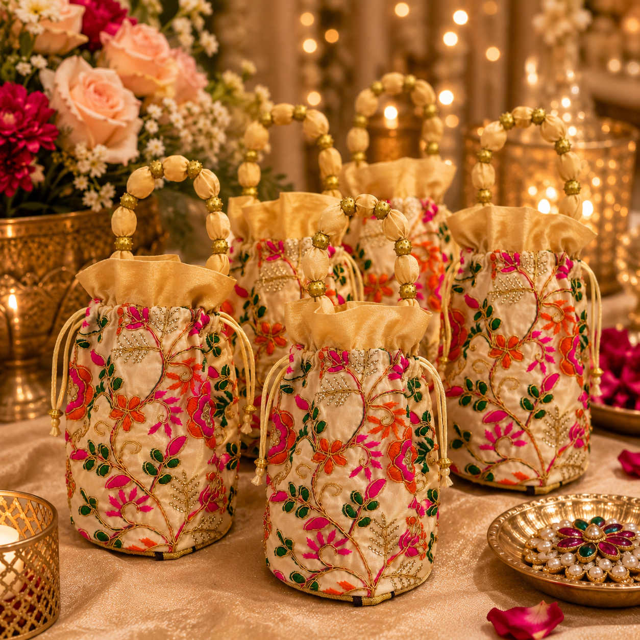 Luxury Embroidered Potli Bags for Wedding Favors – Designer Welcome Gift Potlis for Guests | Indian Wedding Return Gifts