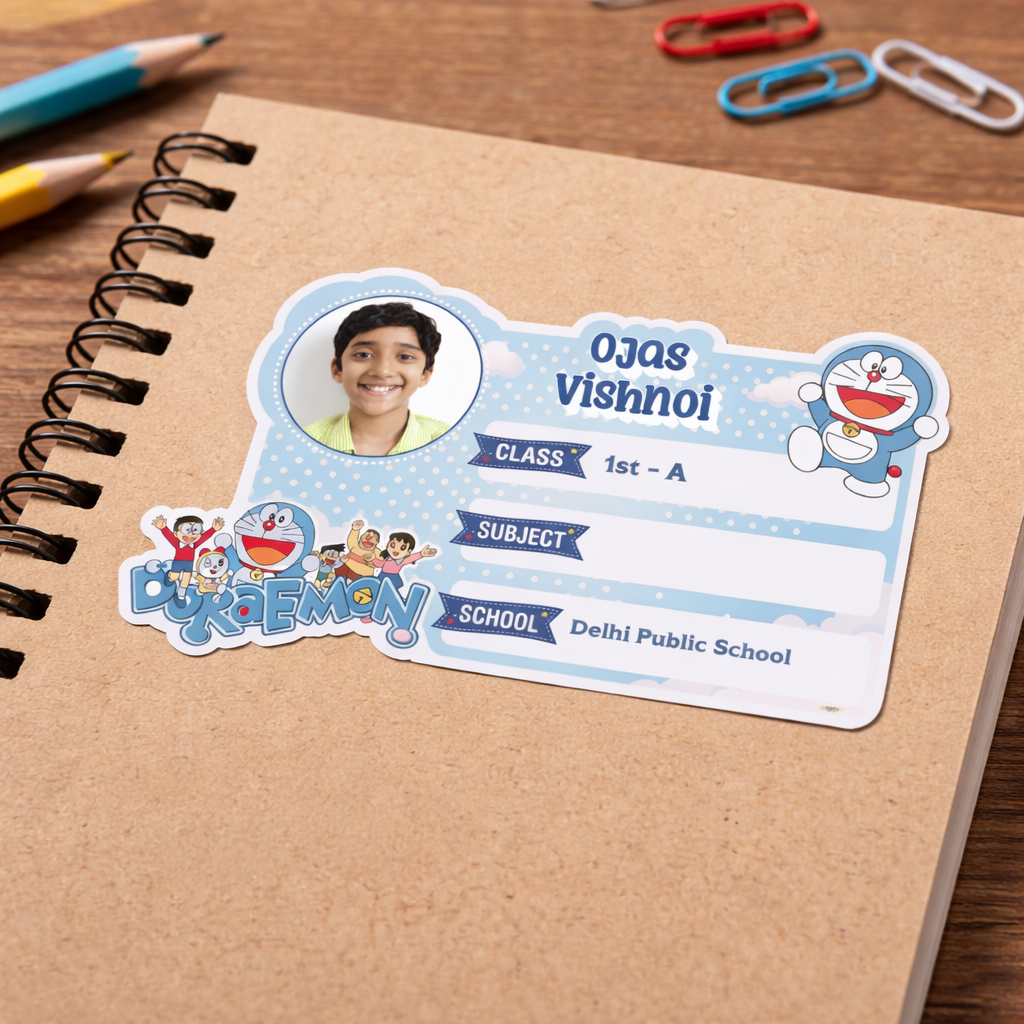 Personalized Doremon School Name Slip Sticker with Photo | Custom Notebook Label for Kids