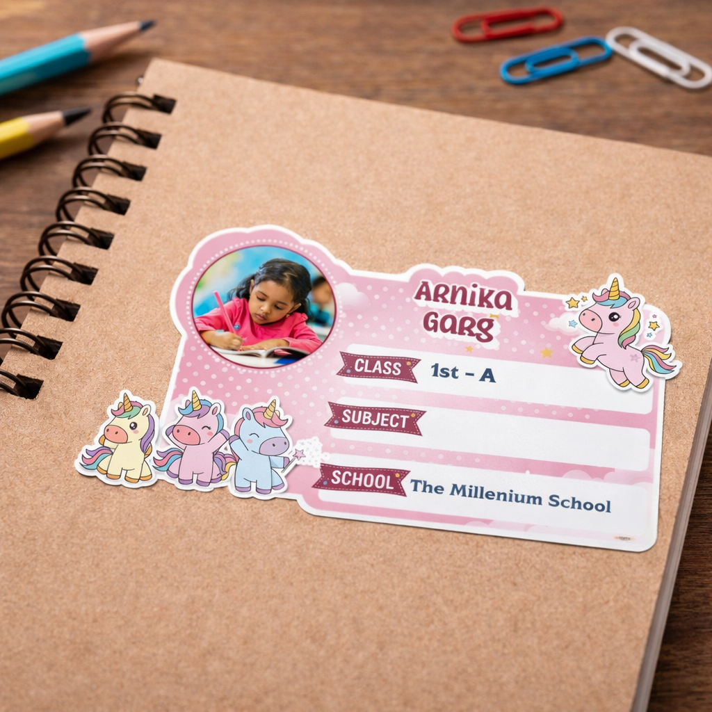 Personalized Unicorn School Name Slip Sticker with Photo | Custom Notebook Label for Kids