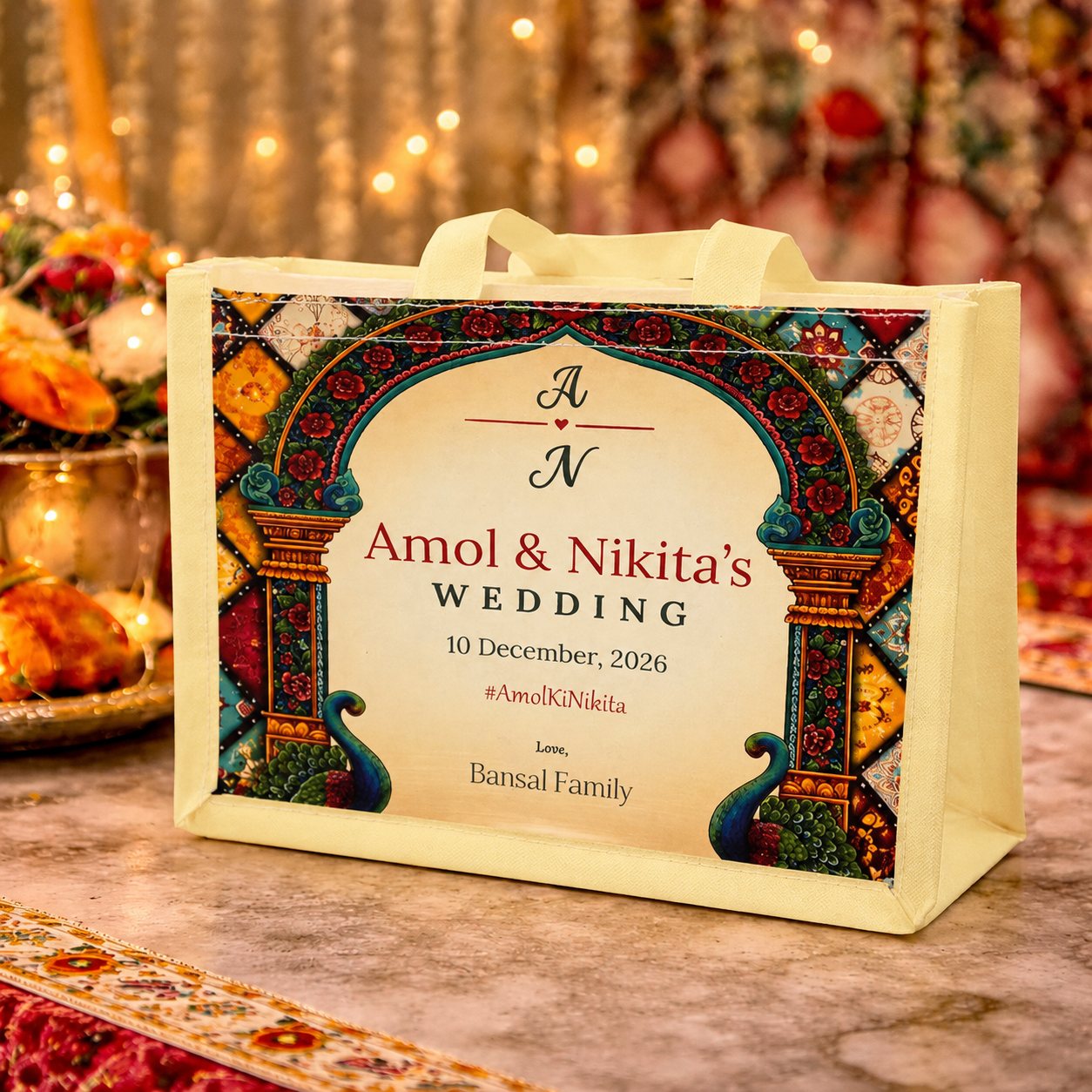 Personalized Wedding Gift Bag Royal Mandap Theme | Premium Return Gift Hamper Bag for Indian Weddings