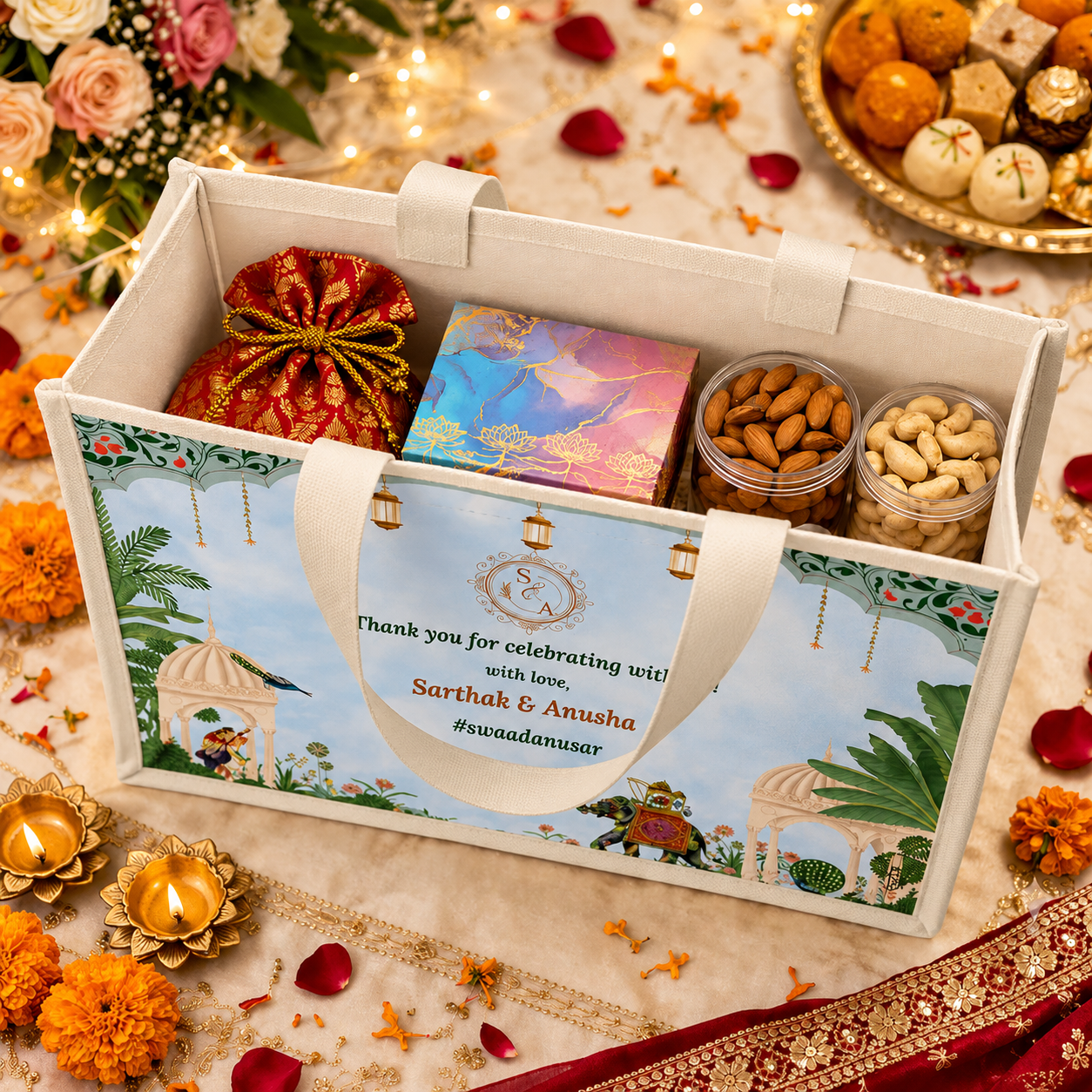 Personalized Wedding Gift Bag Blue Pichwai Theme | Premium Return Gift Hamper Bag for Indian Weddings