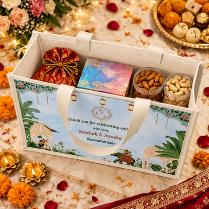 Personalized Wedding Gift Bag Blue Pichwai Theme | Premium Return Gift Hamper Bag for Indian Weddings