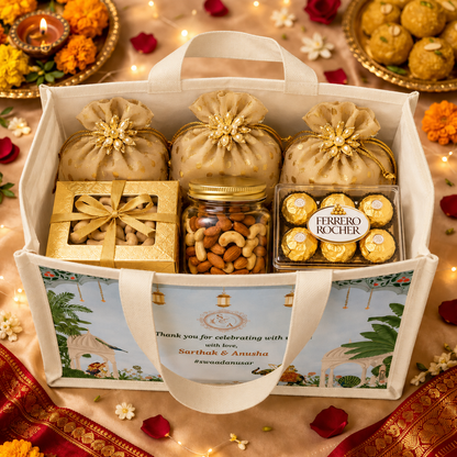 Personalized Wedding Gift Bag Blue Pichwai Theme | Premium Return Gift Hamper Bag for Indian Weddings