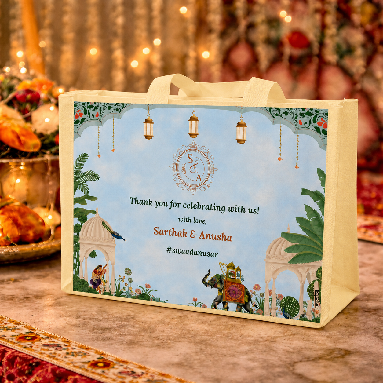 Personalized Wedding Gift Bag Blue Pichwai Theme | Premium Return Gift Hamper Bag for Indian Weddings