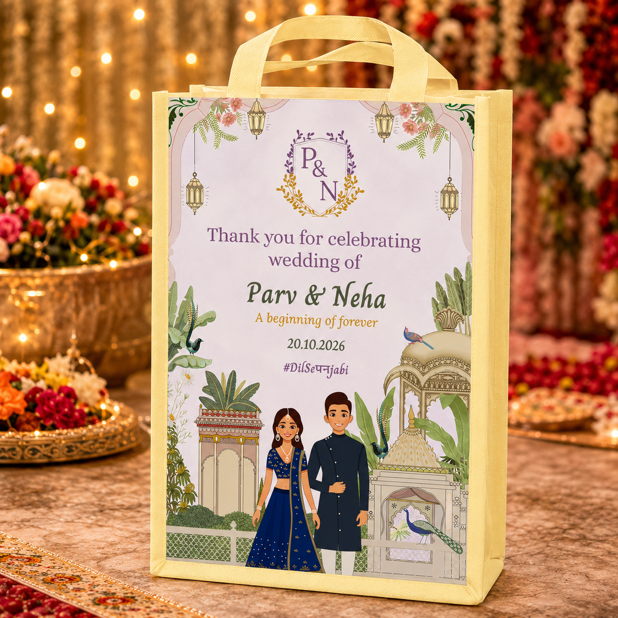 Personalized Wedding Gift Bag | Lavender Pichwai Them e Return Gift Bag with Couple Names & Date