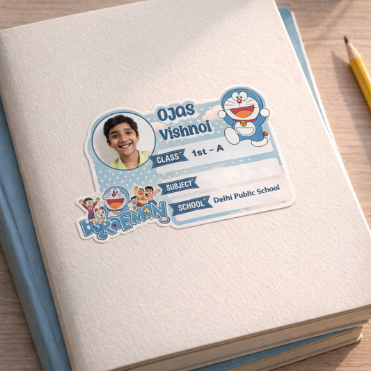 Personalized Doremon School Name Slip Sticker with Photo | Custom Notebook Label for Kids