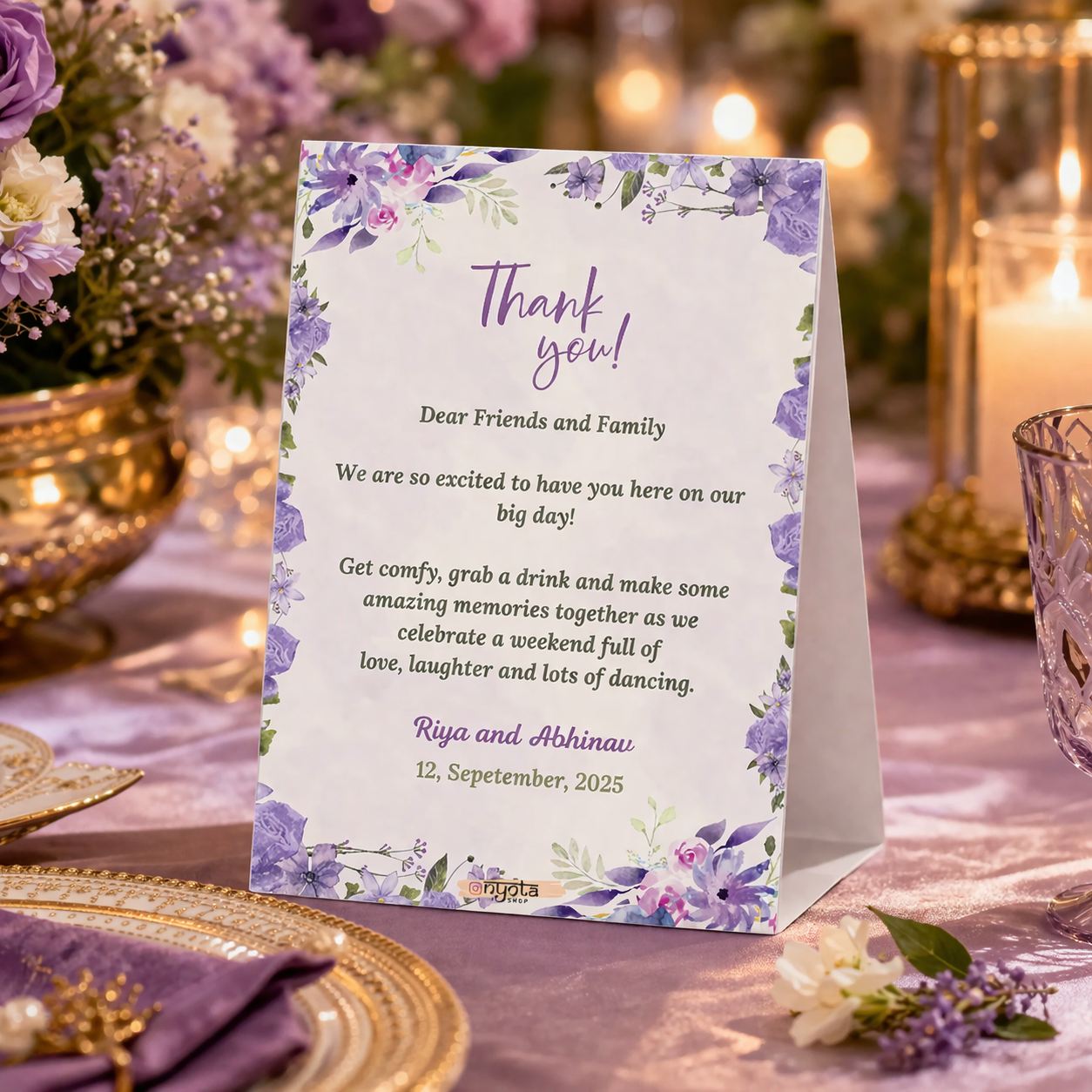 Elegant Purple Personalized Wedding Tent Card | Table Display Welcome & Itinerary Card for Indian Wedding