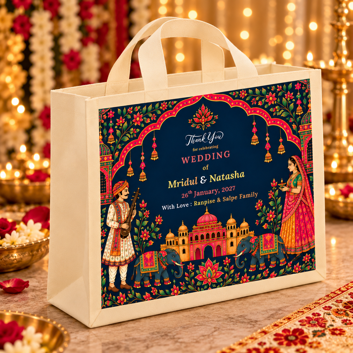 Personalized Wedding Gift Bag Royal Wedding Theme | Premium Return Gift Hamper Bag for Indian Weddings