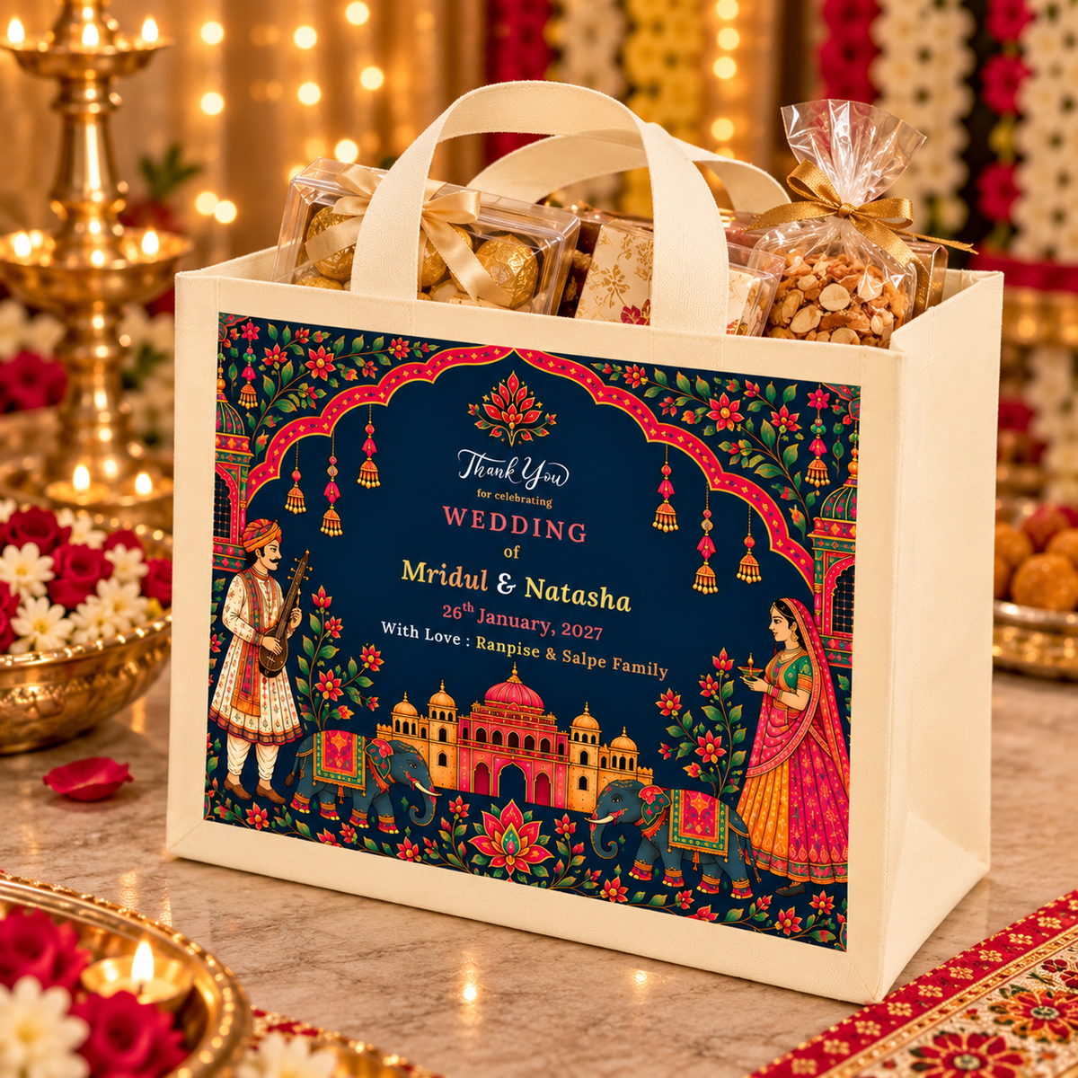 Personalized Wedding Gift Bag Royal Wedding Theme | Premium Return Gift Hamper Bag for Indian Weddings