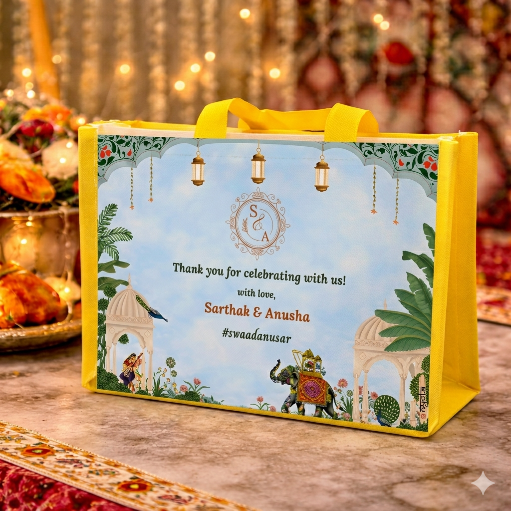 Personalized Wedding Gift Bag Blue Pichwai Theme | Premium Return Gift Hamper Bag for Indian Weddings