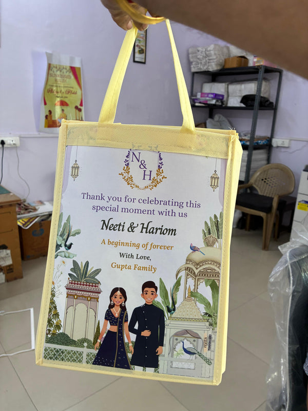 Personalized Wedding Gift Bag | Lavender Pichwai Them e Return Gift Bag with Couple Names & Date