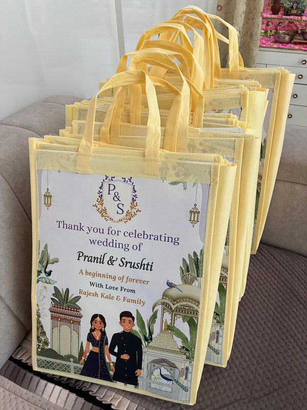Personalized Wedding Gift Bag | Lavender Pichwai Them e Return Gift Bag with Couple Names & Date