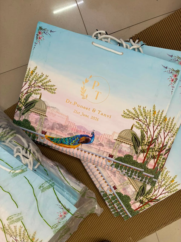Blue Pichwai Theme Customised Printed Paper Bag with Golden Text - LUXE