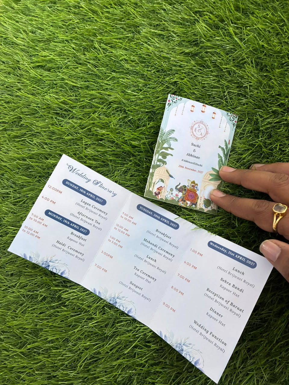 NYOTA Blue Pichwai Theme Tri-Fold Wedding Itinerary Card | Personalized Wedding Schedule & Events Card | Elegant Indian Wedding Stationery | Custom Wedding Program